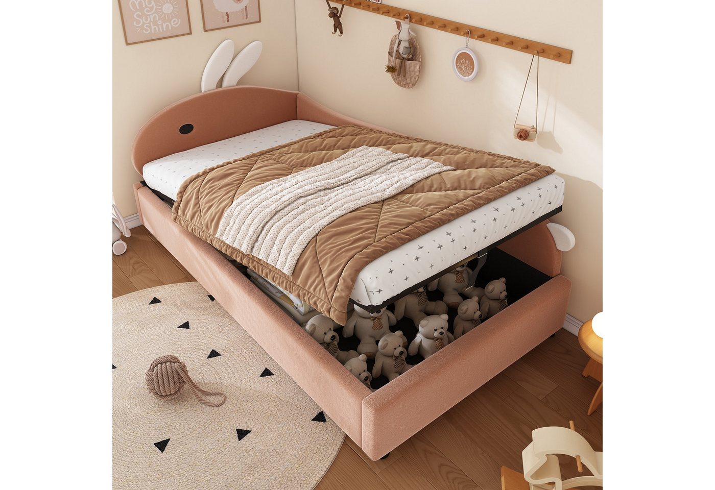 STILVORA Schlafsofa 90×200 mit Zaun,Kinderbett Bettgestell mit Bettkasten&Matratze,Rosa, mit Häschen-Kopfteil, Hydraulischem Stauraum & weichem Schutzzaun 90x200 cm, ohne Matratze von STILVORA