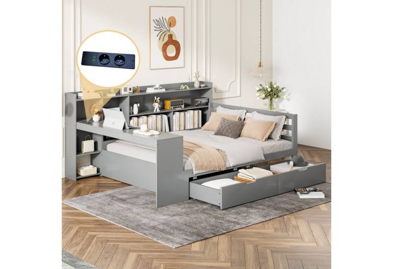 STILVORA Schlafsofa Daybett 140×200 cm Jugendbett mit Steckdose & Schubladen &Schreibtisch, Multifunktionales Schlafsofa aus Massivholz 140x200 cm mit Schreibtisch, Bücherregal und Steckdose, Mit Matratze von STILVORA