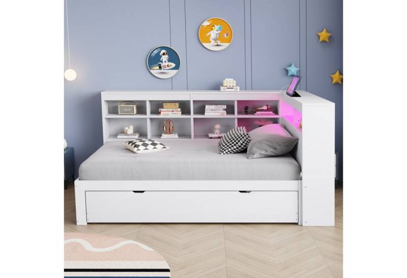 STILVORA Schlafsofa Daybett 90×200cm Jugendbett mit USB-Steckdose&Ablagefach&Ausziehbett, 90x200 cm mit ausziehbarem Bett, USB-Anschluss & LED-Beleuchtung, Regalen & Ablagefächern – Platzsparendes Design, für Schlafzimmer & Gästezimmer, ohne Matratze von STILVORA