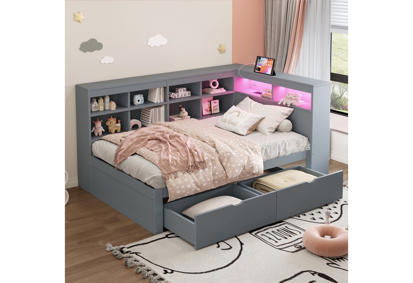 STILVORA Schlafsofa Daybett 90×200cm Jugendbett mit USB-Steckdose & LED & Schubladen, 90x200 cm mit Stauraum, USB-Steckdose, LED-Licht, Ablagefächern und Regalen, ideal für moderne Schlafzimmer und Gästezimmer, Ohne Matratze STILVORA Schlafsofa Daybett 90×200cm Jugendbett mit USB-Steckdose & LED & Schubladen, 90x200 cm mit Stauraum, USB-Steckdose, LED-Licht, Ablagefächern und Regalen, ideal für moderne Schlafzimmer und Gästezimmer, Ohne Matratze von STILVORA