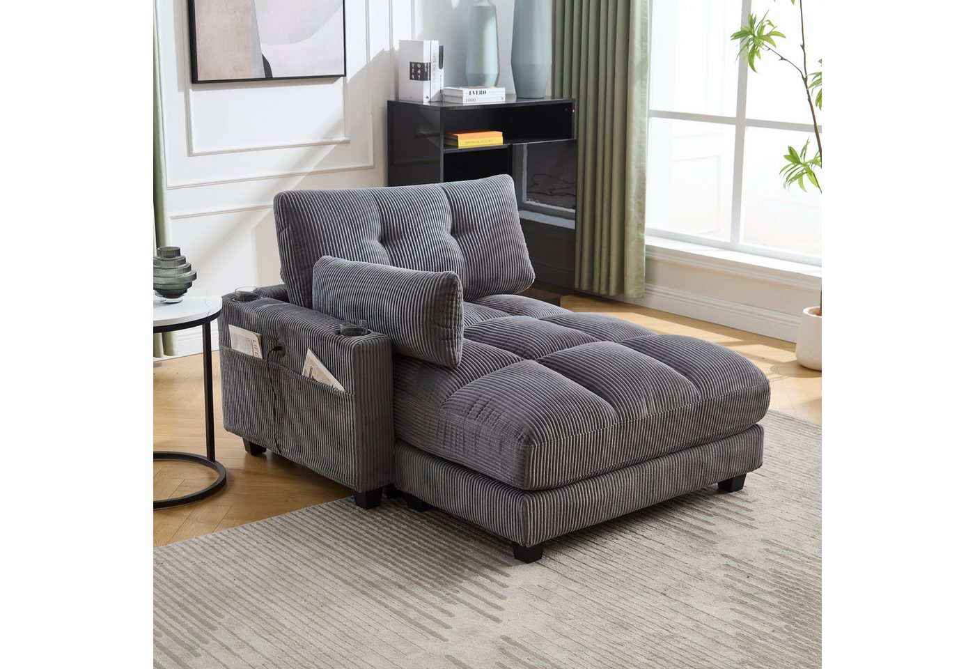 STILVORA Schlafsofa Ecksofa Schlafsofa Sitzgruppe mit rollenden polstern,drei tassen, aus Samt mit Becherhaltern, USB-Anschluss und Kopfstützenverstellung – ideal für Wohnzimmer, Schlafzimmer und Büro, Komfortabler Lounge-Stuhl mit Stauraum und minimalistischer Ästhetik von STILVORA