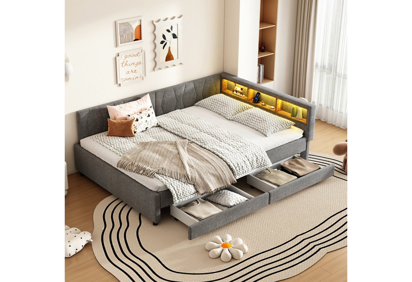 STILVORA Schlafsofa Polsterbett 140×200 mit USB+Typ C,Tagesbett Kinderbett mit Schubladen, USB-Anschluss, Leinen-Design für Kinderzimmer und Jugendzimmer, Stauraum und 2 Schubladen 140x200 cm, Ohne Matratze STILVORA Schlafsofa Polsterbett 140×200 mit USB+Typ C,Tagesbett Kinderbett mit Schubladen, USB-Anschluss, Leinen-Design für Kinderzimmer und Jugendzimmer, Stauraum und 2 Schubladen 140x200 cm, Ohne Matratze von STILVORA