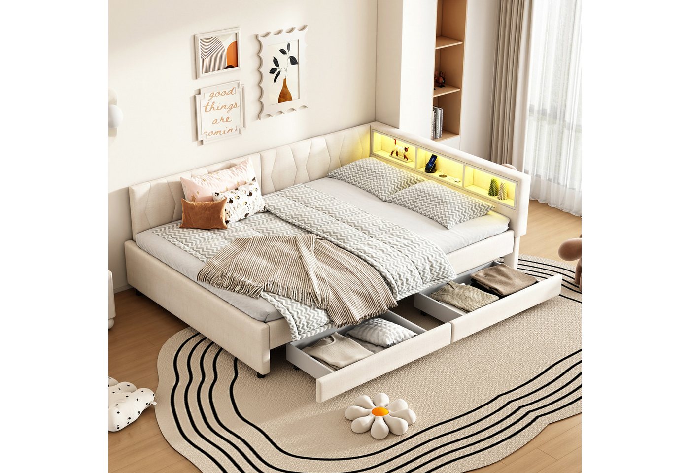 STILVORA Schlafsofa Polsterbett 140×200 mit matratze,Tagesbett Kinderbett mit Schubladen, USB-Anschluss, Leinen-Design für Kinderzimmer und Jugendzimmer, Stauraum und 2 Schubladen 140x200 cm, mit Matratze STILVORA Schlafsofa Polsterbett 140×200 mit matratze,Tagesbett Kinderbett mit Schubladen, USB-Anschluss, Leinen-Design für Kinderzimmer und Jugendzimmer, Stauraum und 2 Schubladen 140x200 cm, mit Matratze von STILVORA