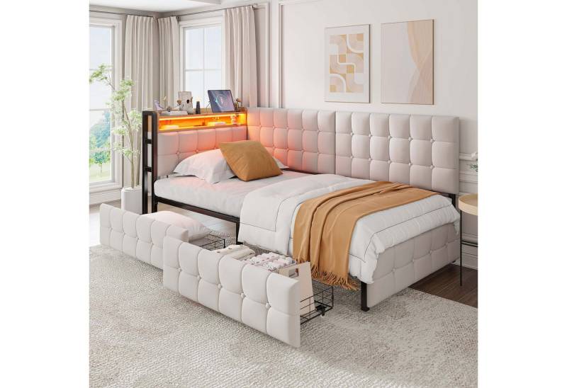 STILVORA Schlafsofa Polsterbett 90X200 mit Stauraum,Jugendbett mit LED und USB-Typ-C, mit LED-Licht & USB, 2 Schubladen, 90x200 cm, Multifunktionales gepolstertes Kinder-Schlafsofa, ohne Matratze von STILVORA