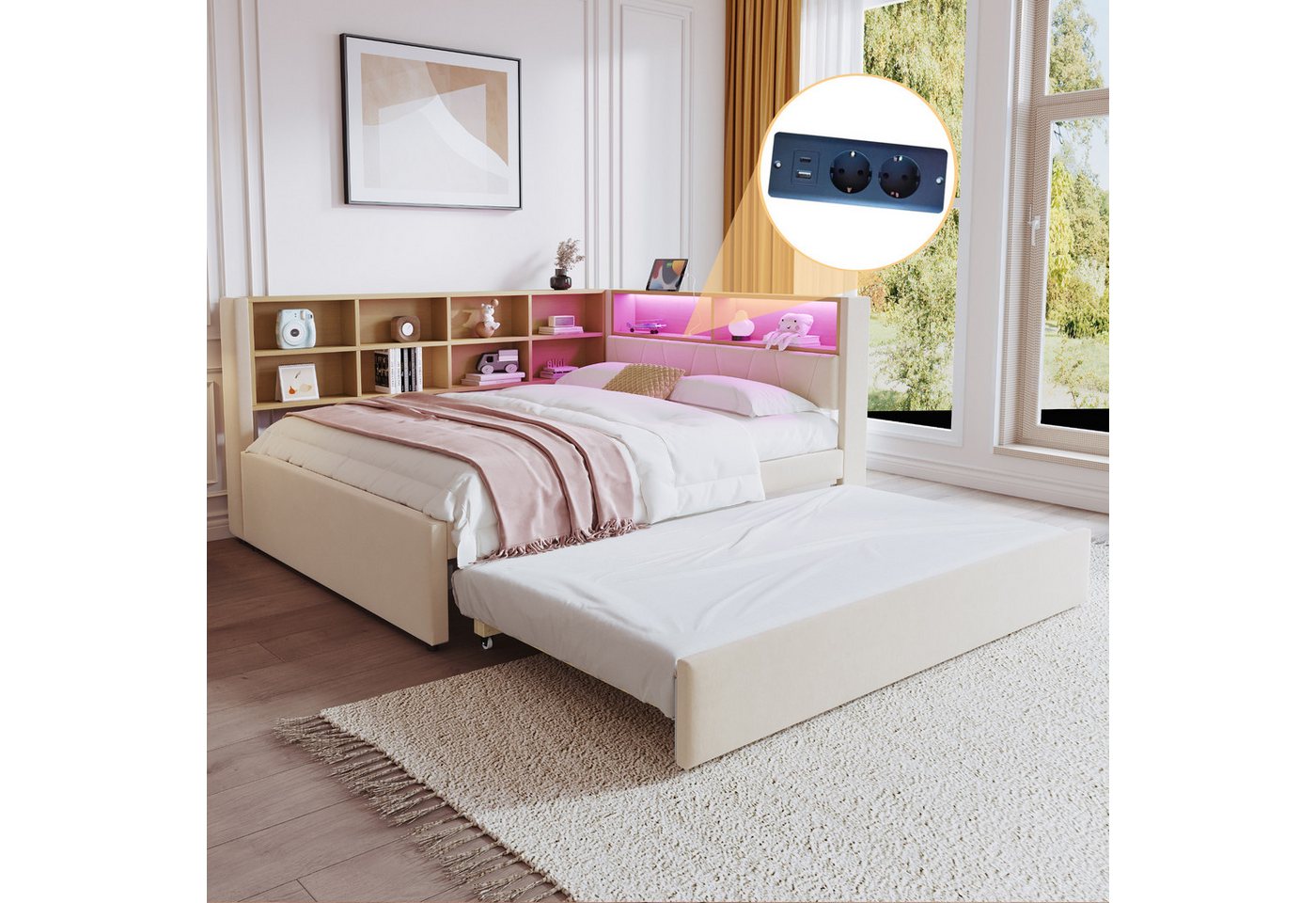 STILVORA Schlafsofa Polsterbett 90×200 mit Ausziehbett Jugendbett Tagesbett mit Steckdose, Multifunktionales Daybett Tagesbett mit USB-Steckdose & Stauraum, Ausziehbett 90x190 cm, mit Matratze von STILVORA