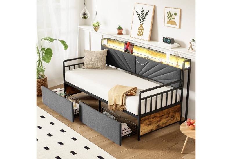 STILVORA Schlafsofa Tagesbett 90x200 mit LED-Beleuchtung und steckdosen,bett ohne matratze, mit LED-Beleuchtung und Stauraum, Schubladen und Multifunktionssteckdosen, ohne Matratze von STILVORA