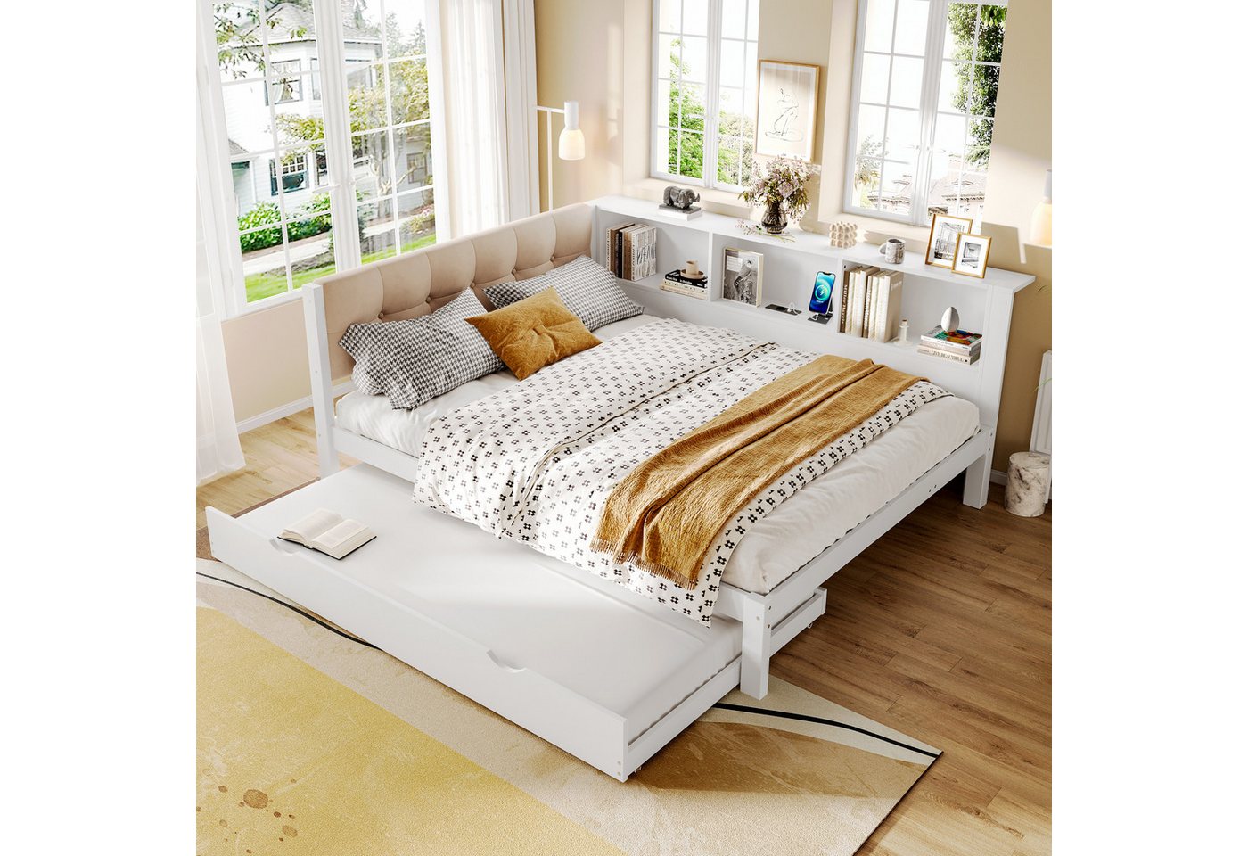 STILVORA Schlafsofa mit Ausziehbett,140x200 Daybett Tagesbett mit Haupt Matratze,USB&LED, mit LED-Licht & USB, ausziehbarem Gästebett & Regal, Kiefernholz 140x200cm& 90x 190 cm, ohne Matratze von STILVORA