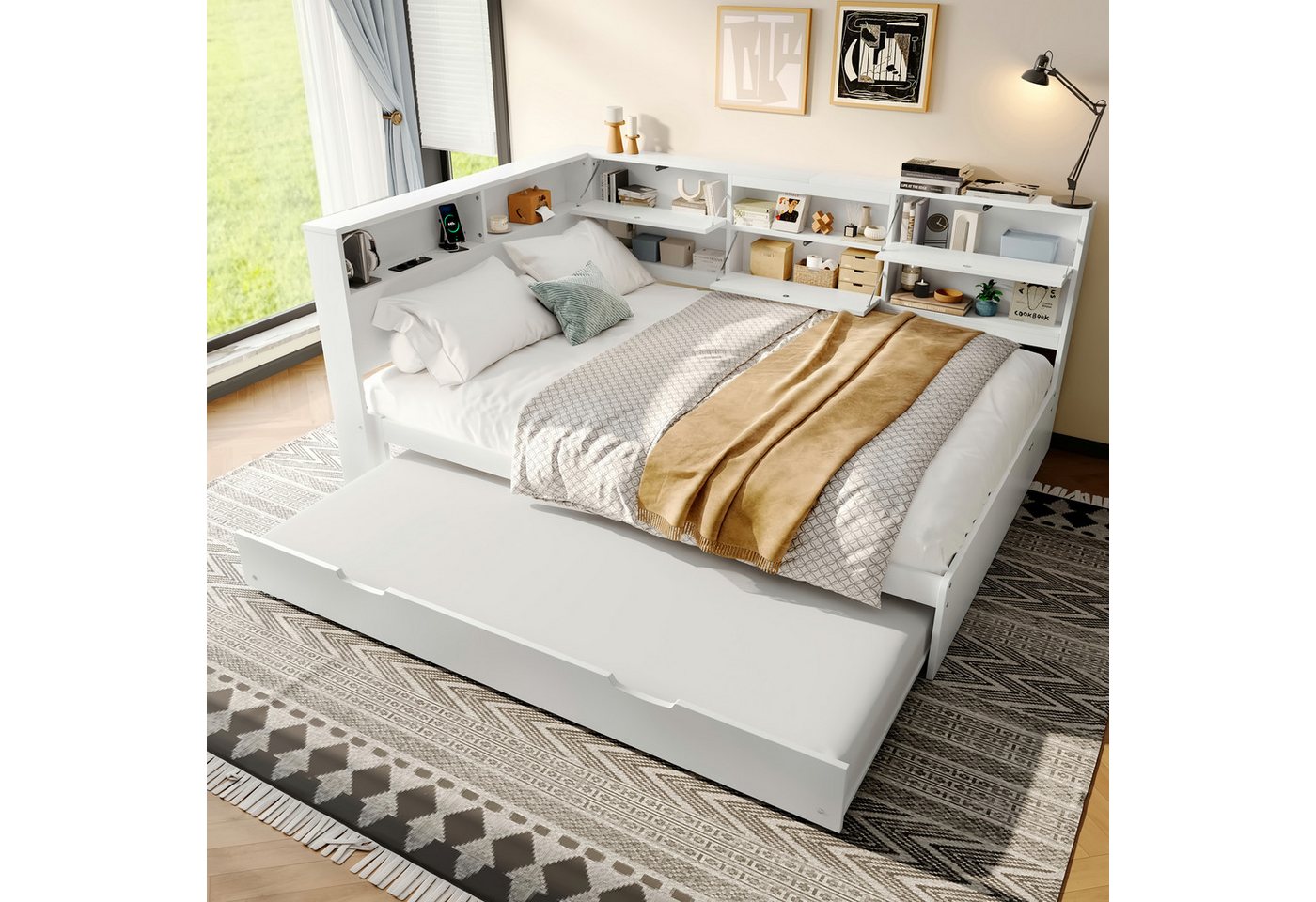 STILVORA Schlafsofa mit Ausziehbett,140x200 Daybett Tagesbett mit Staufach-Kopfteil, mit L-Stauraum & USB, Ausziehbett 140x200 cm, ohne Matratze STILVORA Schlafsofa mit Ausziehbett,140x200 Daybett Tagesbett mit Staufach-Kopfteil, mit L-Stauraum & USB, Ausziehbett 140x200 cm, ohne Matratze von STILVORA