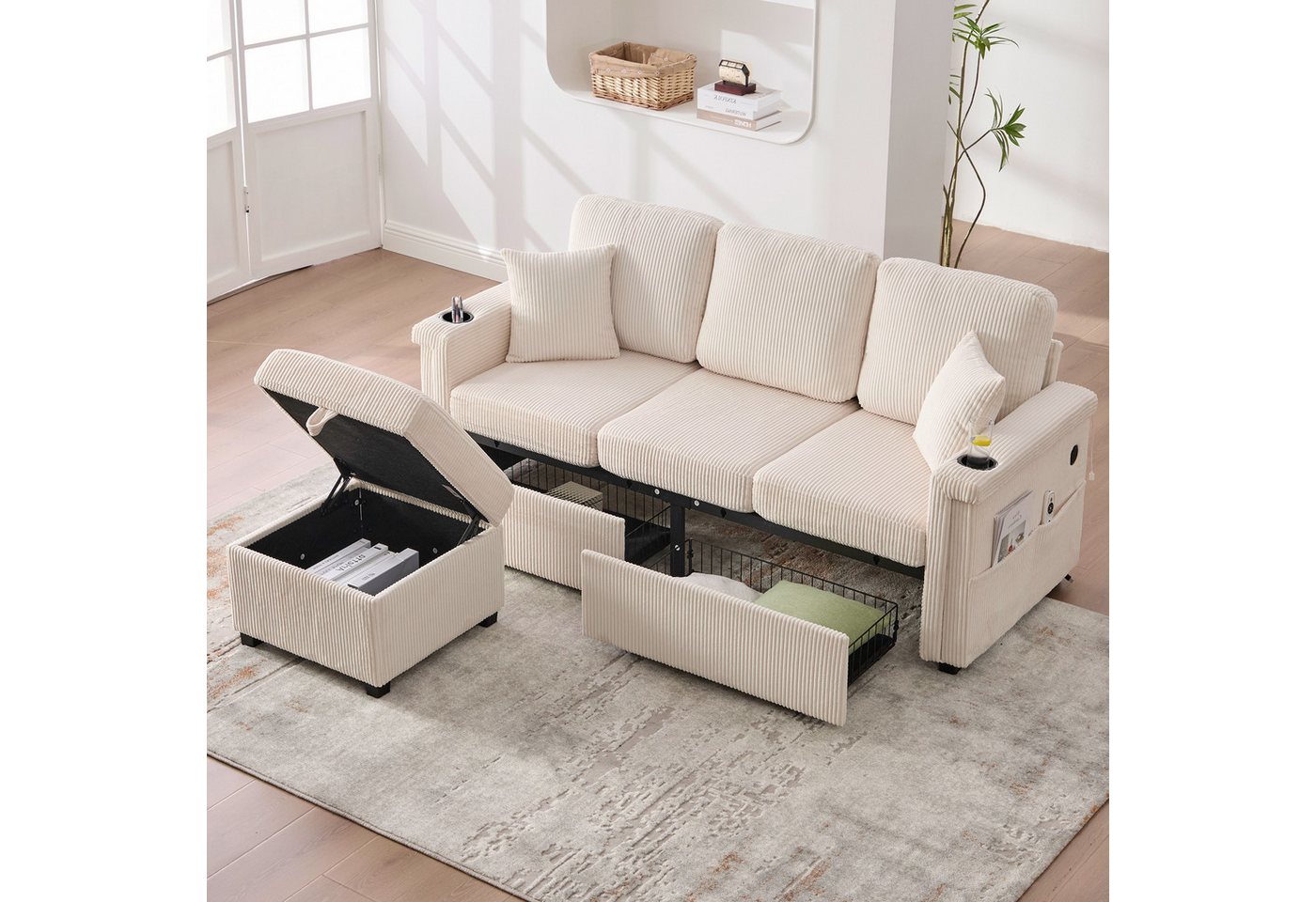 STILVORA Schlafsofa mit Fußteil,Dreisitzer mit LED&USB,Ecksofa mit Stauraum,Beige von STILVORA