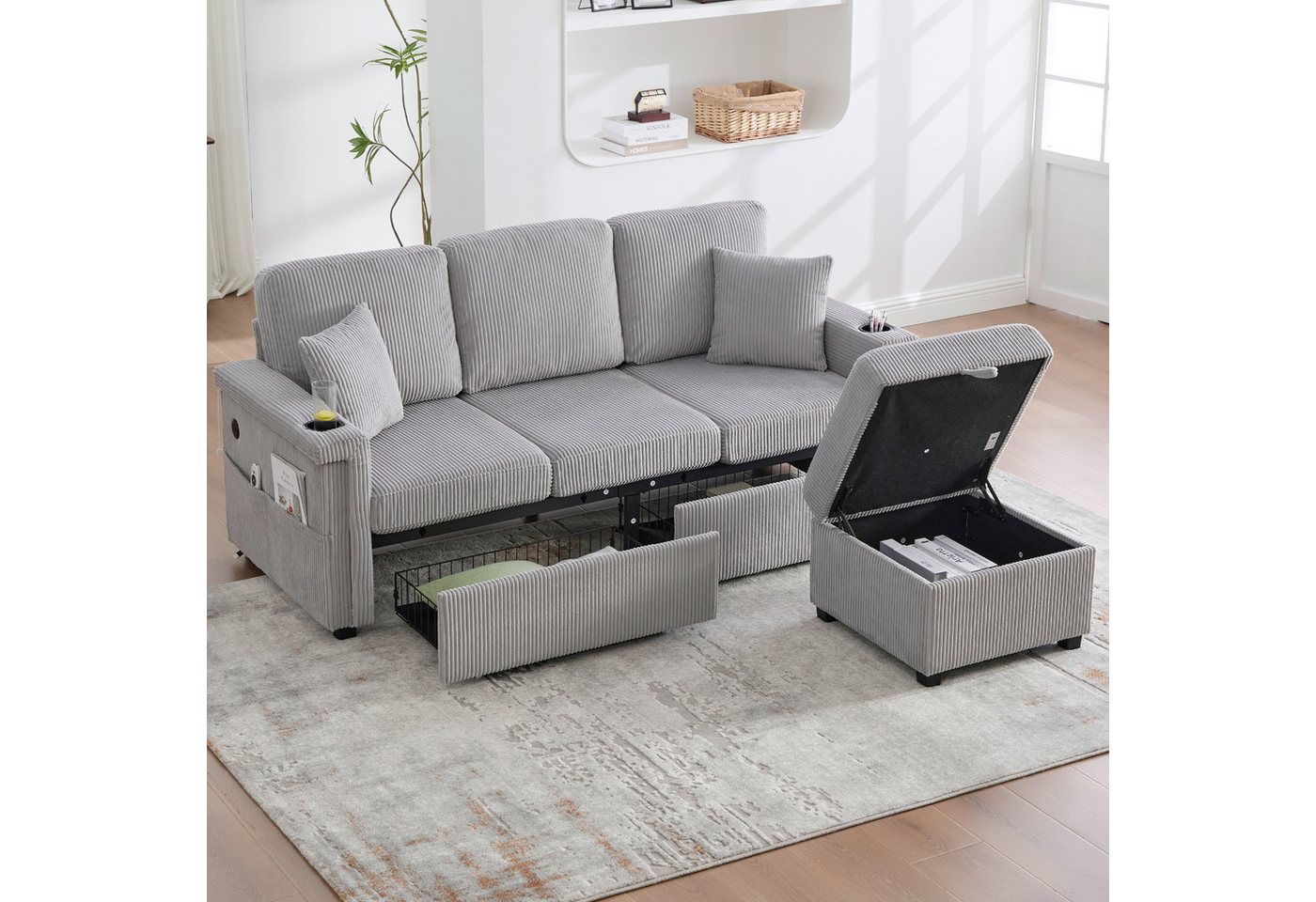STILVORA Schlafsofa mit Fußteil,Dreisitzer mit LED&USB,Ecksofa mit Stauraum,Hellgrau STILVORA Schlafsofa mit Fußteil,Dreisitzer mit LED&USB,Ecksofa mit Stauraum,Hellgrau von STILVORA