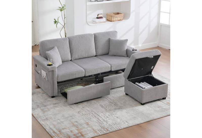 STILVORA Schlafsofa mit Fußteil,Dreisitzer mit LED&USB,Ecksofa mit Stauraum,Hellgrau von STILVORA