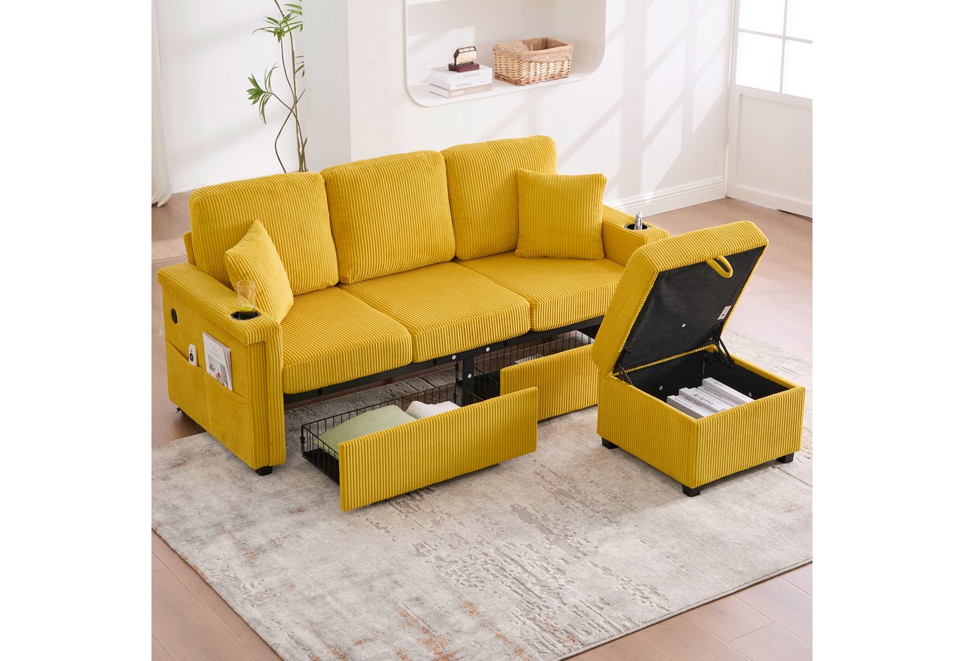 STILVORA Schlafsofa mit Fußteil,Dreisitzer mit LED&USB,Ecksofa mit Stauraum,Senfgelb STILVORA Schlafsofa mit Fußteil,Dreisitzer mit LED&USB,Ecksofa mit Stauraum,Senfgelb von STILVORA