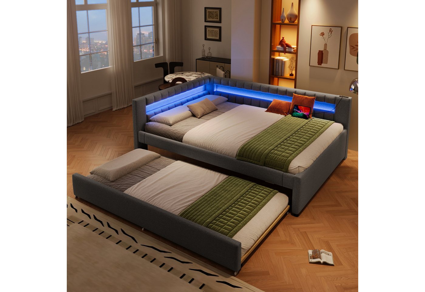 STILVORA Schlafsofa mit bettfunktion,Polsterbett 140×200 mit LED&USB,Tagesbett ausziehbar, mit LED-Fußbeleuchtung, Ausziehbett & USB/Type-C 140x200 cm, ohne Matratze von STILVORA