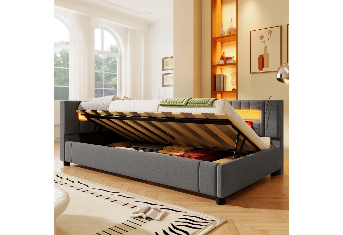 STILVORA Schlafsofa mit bettfunktion,Polsterbett 90×200 mit matratze&bettkasten,Tagesbett, Polsterbett mit LED, USB-C & Stauraum, Für Jugendzimmer, Gästezimmer & Homeoffice 90x200 cm, mit Matratze von STILVORA