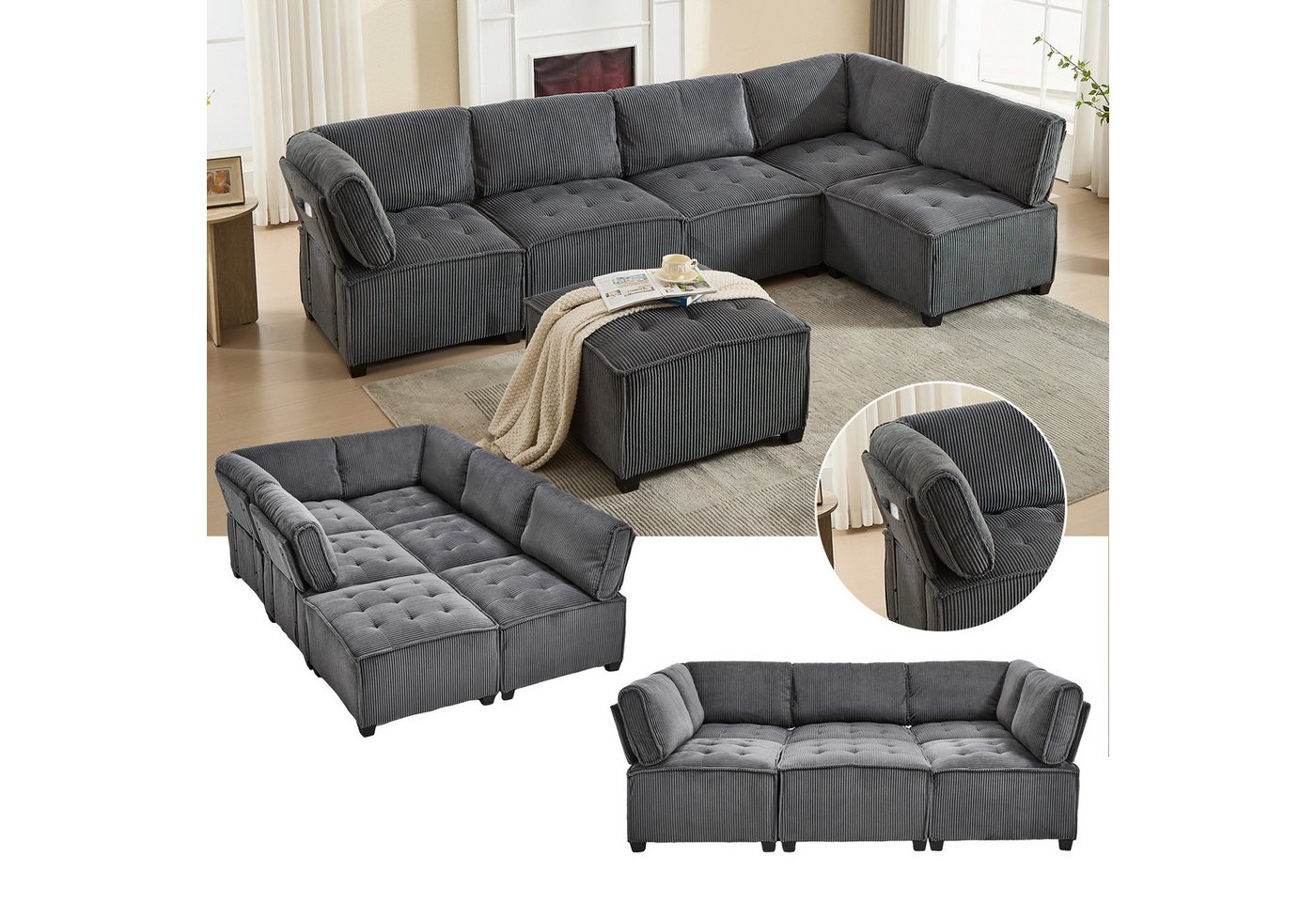 STILVORA Schlafsofa mit bettfunktion,schlafsofa wohnzimmer,sofa L-Form 6 sitzer,Cordstoff von STILVORA