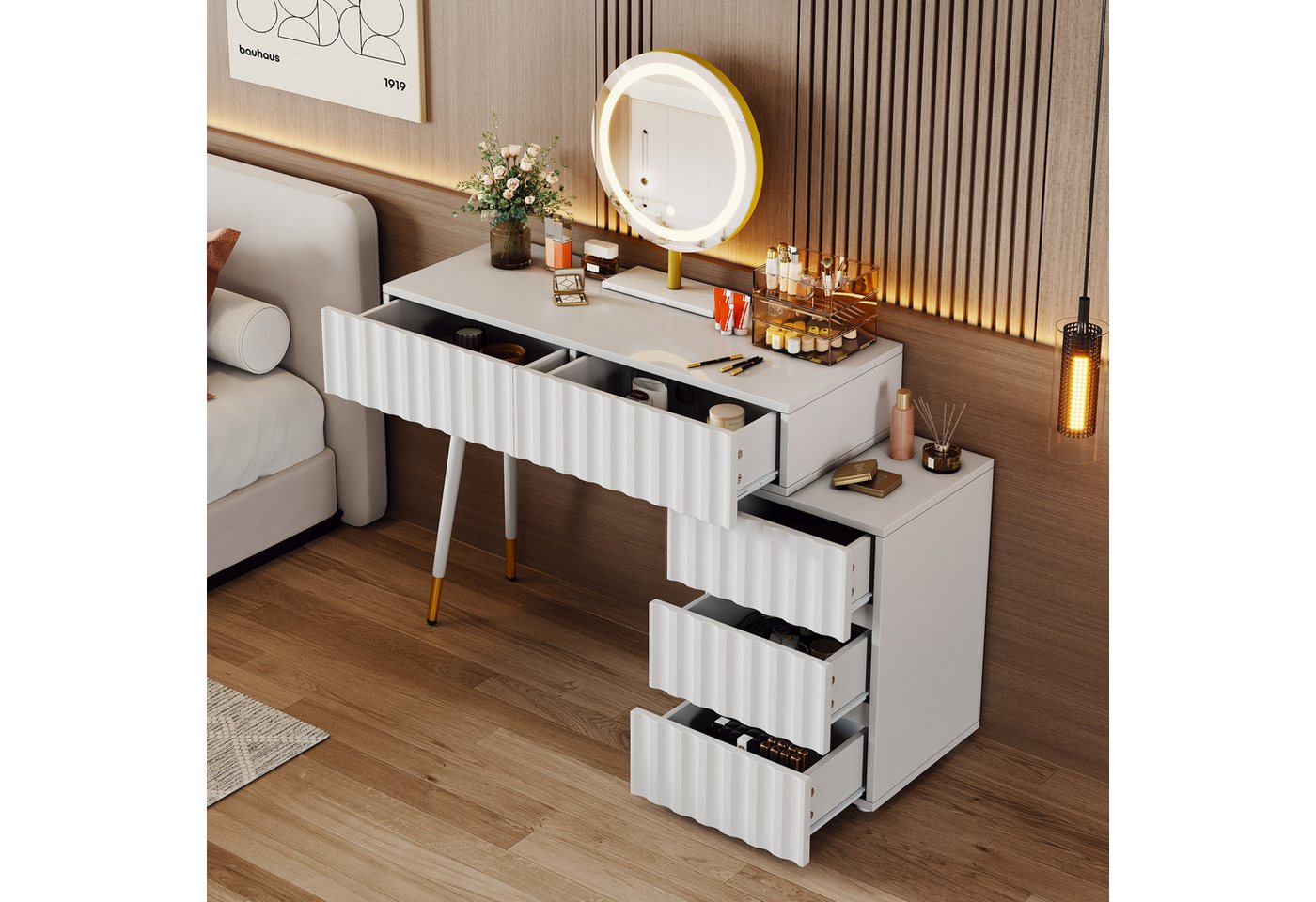 STILVORA Schminktisch mit LED-Spiegel,Frisiertisch Schminkkommode mit 5 Schubladen (Schminktisch mit LED-Spiegel & 5 Schubladen - Weißer Schminktisch mit Einstellbarer Beleuchtung, Flexibler Aufbewahrung & Robuster Konstruktion - Ideal für Schlafzimmer und Beauty-Bereiche, 1-St., B100/D40/H127 cm), Mit Kippsicherung STILVORA Schminktisch mit LED-Spiegel,Frisiertisch Schminkkommode mit 5 Schubladen (Schminktisch mit LED-Spiegel & 5 Schubladen - Weißer Schminktisch mit Einstellbarer Beleuchtung, Flexibler Aufbewahrung & Robuster Konstruktion - Ideal für Schlafzimmer und Beauty-Bereiche, 1-St., B100/D40/H127 cm), Mit Kippsicherung von STILVORA