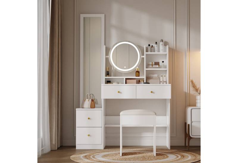 STILVORA Schminktisch mit LED-Spiegel,Frisiertisch kommode mit Hocke,Ganzkörperspiegel (Multifunktionaler 4-in-1 Schminktisch mit LED & Ganzkörperspiegel – ideal fürs Schlafzimmer & Jugendzimmer., B109/D36/H164 cm), Mit Kippsicherung von STILVORA