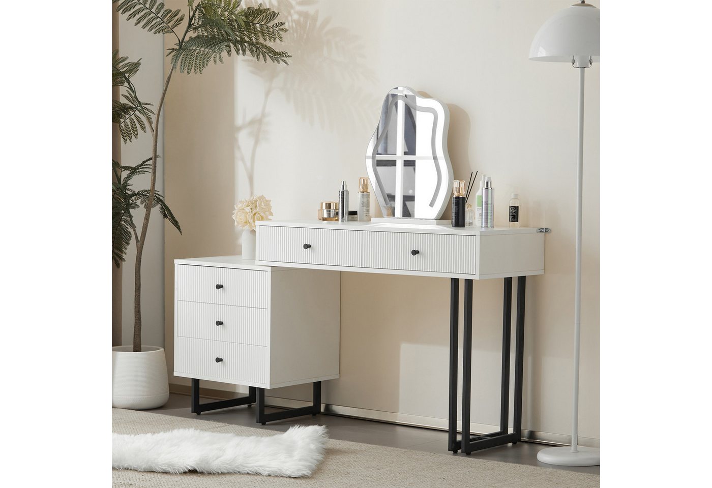 STILVORA Schminktisch mit LED&Spiegel,Kosmetiktisch Frisiertisch mit ausziehbare Tischplatte (Kosmetiktisch-Set, Frisiertisch mit Kommode, ohne Hocker), mit 3-farbige LED-Beleuchtung, ausziehbare Tischplatte von STILVORA