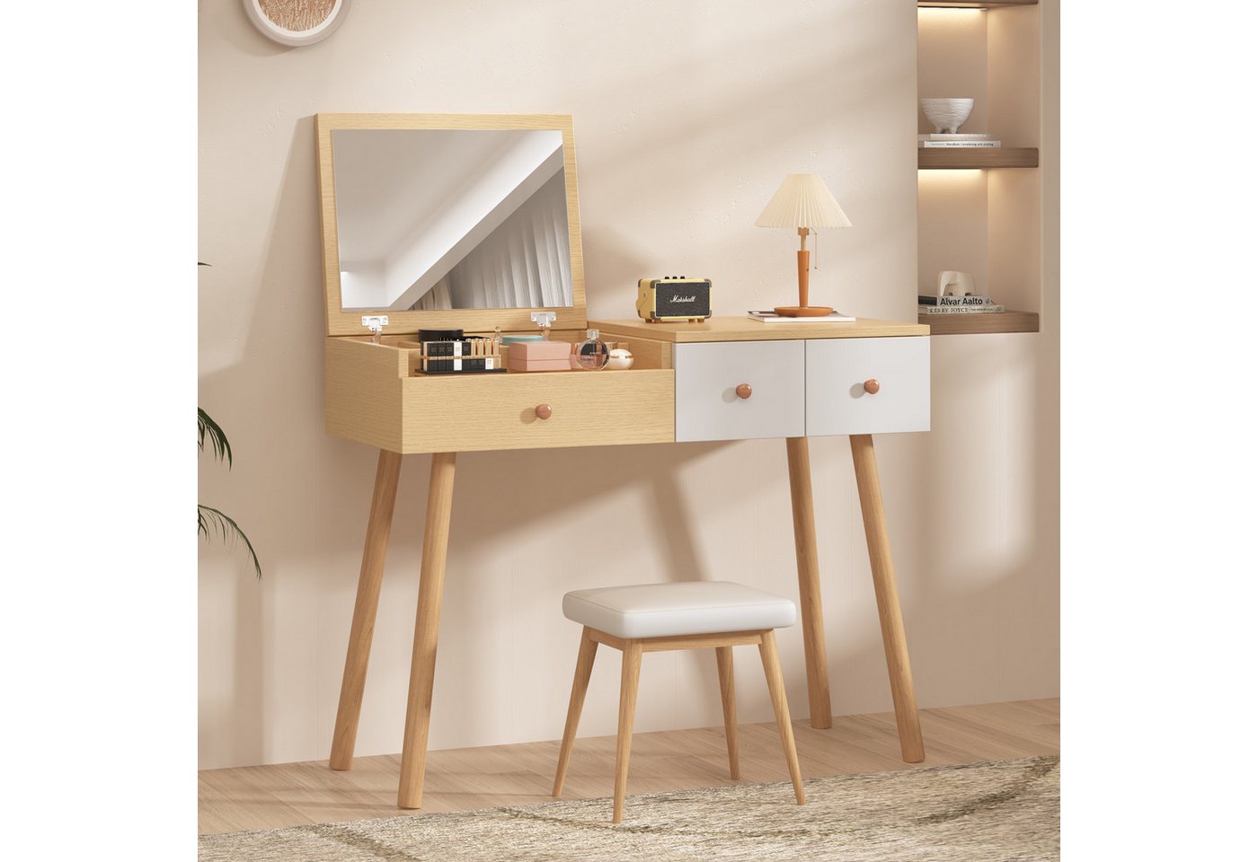 STILVORA Schminktisch mit Spiegel,Kosmetiktisch Frisiertisch mit Schuladen&Staufach (Geteilter Stauraum), Maße:B100/H78/T40 cm(ohne Hocker) von STILVORA