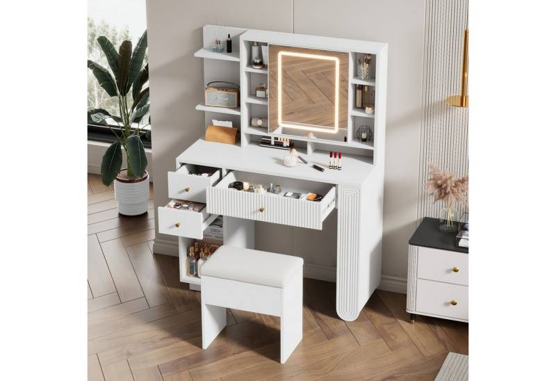 STILVORA Schminktisch mit spiegel,Frisiertisch weiß mit Hocker und Einstellbares LED (Beleuchteter Schminktisch mit Spiegel & Hocker – Frisiertisch mit Einstellbarer Helligkeit, Schubladen & Offener Ablage für Schlafzimmer & Ankleidezimmer – Weiß, 100×40×138 cm, 100×40×138 cm), Mit Kippsicherung von STILVORA