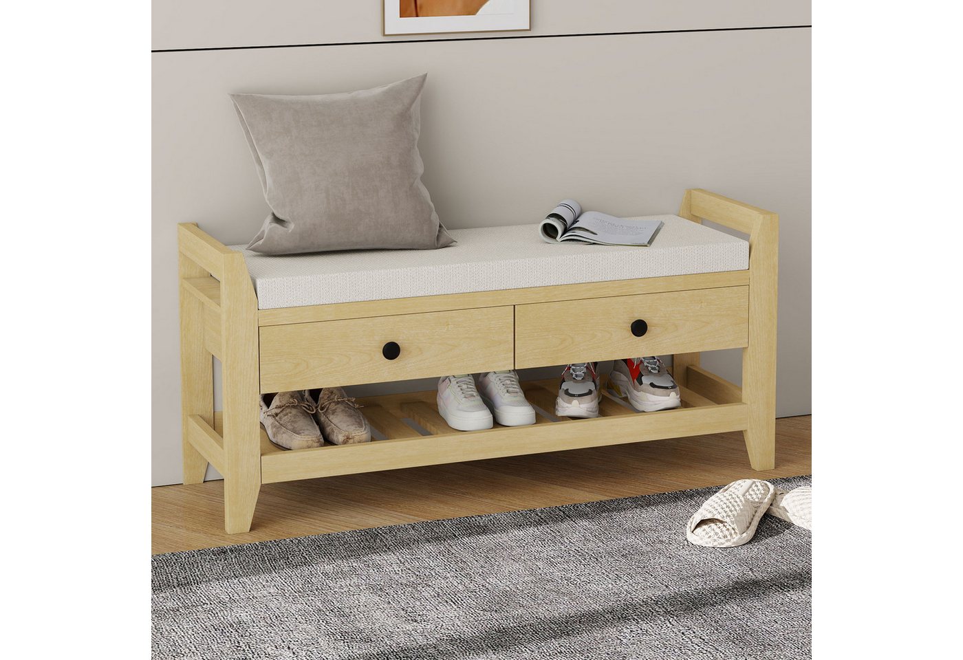 STILVORA Schuhbank mit 2 Schubladen,Schuhbank Schuhregal mit Kissen-Oberfläche,Natur (Moderne Schuhbank mit Sitzfläche und Stauraum – Weiche Polsterung, 2 Schubladen für praktischen Stauraum, ideal für Flur und Schlafzimmer, leicht zu montieren), mit Sitzfläche und Stauraum von STILVORA