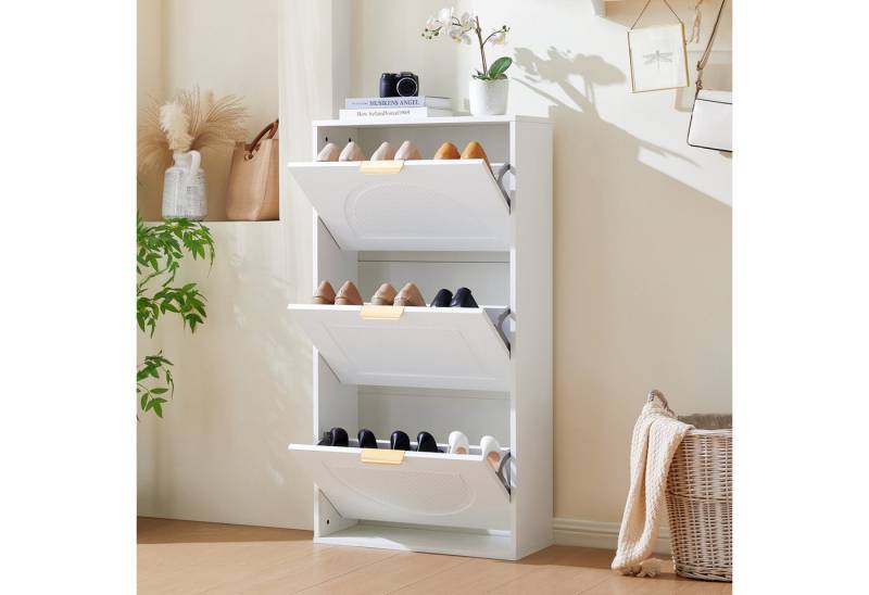 STILVORA Schuhregal Schuhkipper Schmal mit 3 Klappe, Schuhkommode weiß für Flur,Wohnzimmer, Schuhkipper Schmal mit 3 Klappen – Kippsicher & Modern, Platzsparender Schuhschrank für Flur & Wohnzimmer. 1-tlg., 3 umklappbare Schuhregale, Metallgriff STILVORA Schuhregal Schuhkipper Schmal mit 3 Klappe, Schuhkommode weiß für Flur,Wohnzimmer, Schuhkipper Schmal mit 3 Klappen – Kippsicher & Modern, Platzsparender Schuhschrank für Flur & Wohnzimmer. 1-tlg., 3 umklappbare Schuhregale, Metallgriff von STILVORA