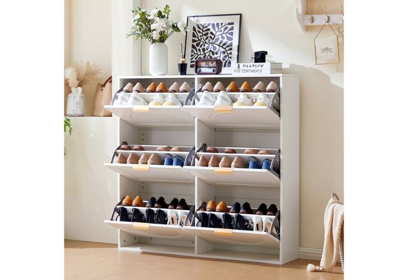 STILVORA Schuhregal Schuhkipper Schmal mit 6 Klappe, Schuhkommode weiß für Flur,Wohnzimmer, Schuhschrank Weiß mit 6 Klappenfächern – Freistehendes Regal für Flur und Eingangsbereich, Optimale Raumnutzung, Kippsicherung, Elegantes Design 1-tlg., 6 umklappbare Schuhregale, Metallgriff von STILVORA