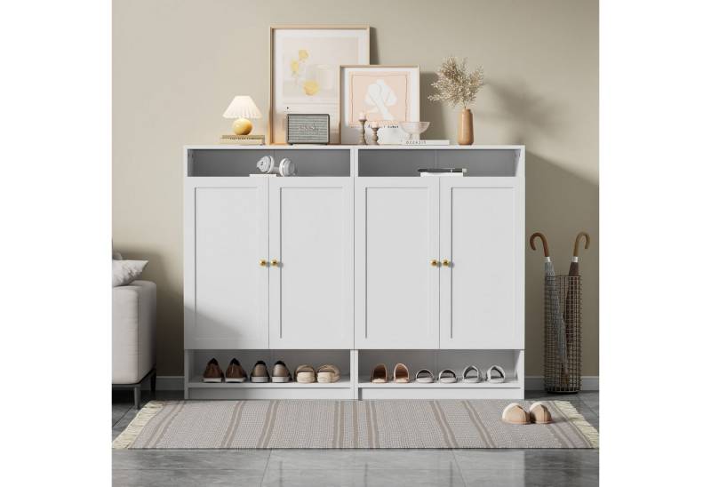 STILVORA Schuhregal Schuhkipper mit verstellbaren Regalen,Schuhkommode weiß mit 2 Türen, Moderne Schuhkommode in Weiß, 2 Türen, mit verstellbaren Regalen & goldenen Griffen – Robuster Schuhschrank für Flur & Schlafzimmer, multifunktional für bis zu 15 Paar Schuhe 1-tlg., Mit Kippsicherung von STILVORA