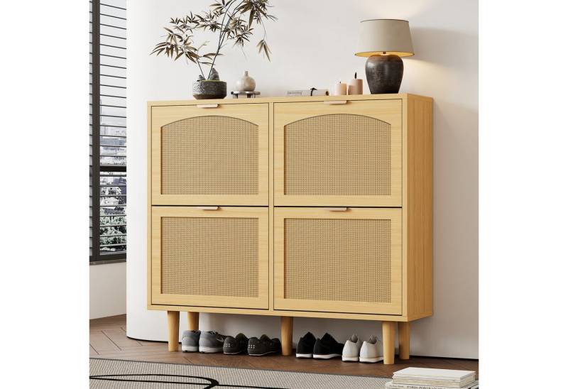 STILVORA Schuhschrank 100x25x90cm Schuhkipper mit 4 Klappschubladen,Schuhkommode aus Rattan (1-St., B100/H90/T25 cm) mit Metallgriffen und 4 Klappschubladen von STILVORA