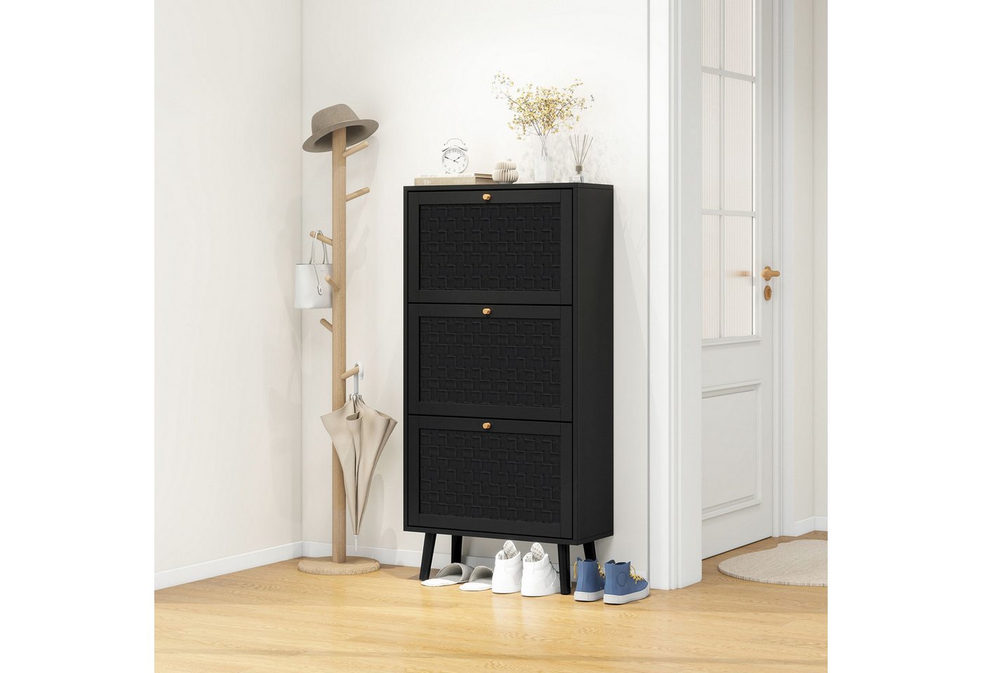 STILVORA Schuhschrank mit 3 Klapptüren,dreistufiger Schuhregal Flurschrank mit Kippschutz (Bohemian-Stil (60x24x121 cm) mit handgewebtem Streifendesign, abnehmbarer Trennwand, Kiefernholzfüßen, und Wandbefestigungszubehör) von STILVORA