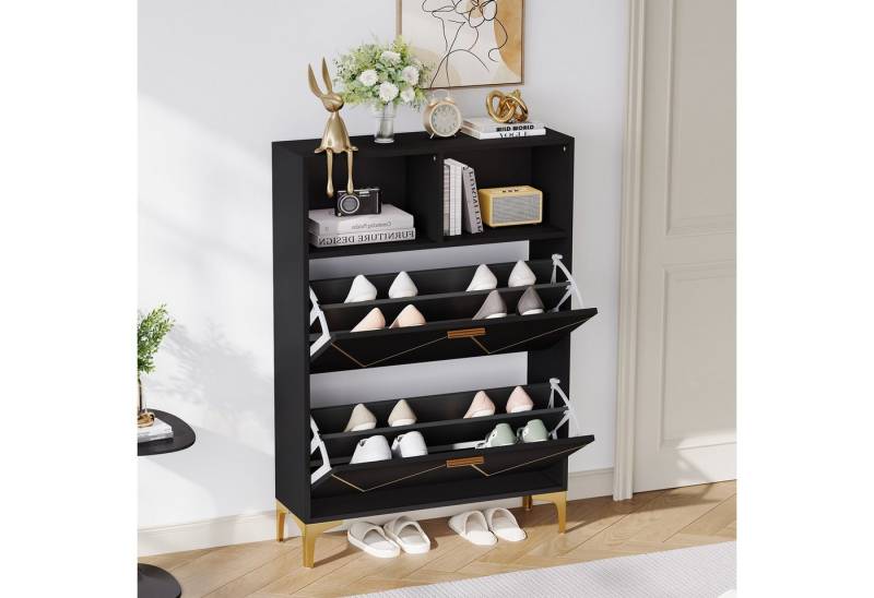 STILVORA Schuhschrank mit Klapptüren,Schuhregal Aufwahrungsschrank mit Staufach,Schwarz (Sideboard, Schuhkommode, 1-St., 4 Schuhablagefächern, 2 halboffenen Ablageflächen) MDF+Metall von STILVORA