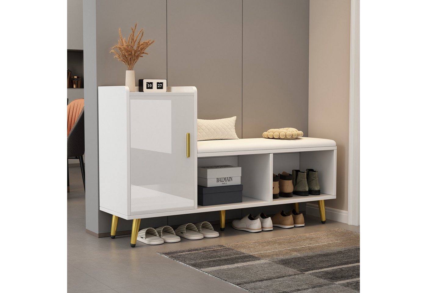 STILVORA Schuhschrank mit sitzbank Schuhkipper mit Hochglanz-Tür Schuhständer Schuhablage (Eingang Schuhschrank, Schuhwechsel Bank, Schuhkommode, 1-St., 1 Tür, 2 offene Fächer) Hochglanz-Schranktür, gepolstertem Sitz, Goldzubehör von STILVORA