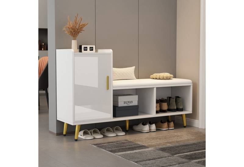 STILVORA Schuhschrank mit sitzbank Schuhkipper mit Hochglanz-Tür Schuhständer Schuhablage (Eingang Schuhschrank, Schuhwechsel Bank, Schuhkommode, 1-St., 1 Tür, 2 offene Fächer) Hochglanz-Schranktür, gepolstertem Sitz, Goldzubehör von STILVORA