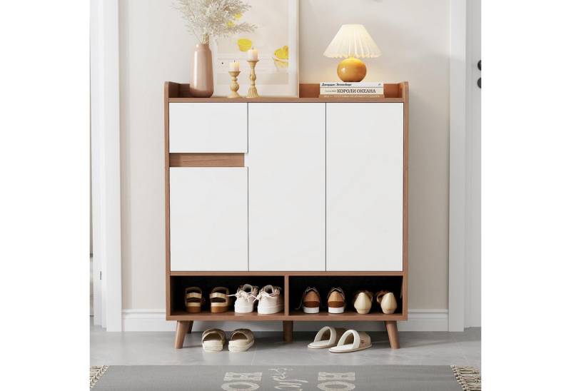 STILVORA Schuhschrank weiß+natur Schuhkipper mit schublade,Schuhregal mit verstellbare Regal (Wohnzimmerschrank,Kommode,Anrichte, 1-St., 1 Schublade, 3 Türen) mit verstellbaren Einlegeböden von STILVORA