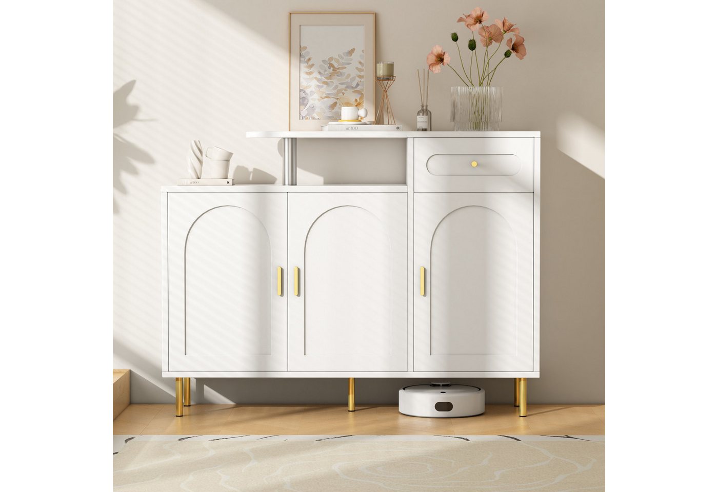 STILVORA Schuhschrank weiß Schuhkipper mit schublade,Schuhregal mit Metallgriffen (Vielseitige Kommode/Sideboard/Schuhschrank mit 3 Türen & 1 Schublade, auf stabilen Metallfüßen., 1-St., 2 offene Fach) mit Metallgriffen von STILVORA