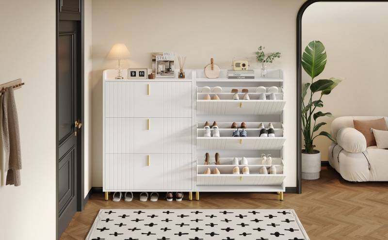 STILVORA Schuhschrank weißer schmal verstellbar Schuhkommode Schuhkipper mit Kippsicherung (Schuhkommode, 2-St., mit 3 Klappen, 6 Fächern) Verstellbar, Anti-Kipp-Vorrichtung von STILVORA