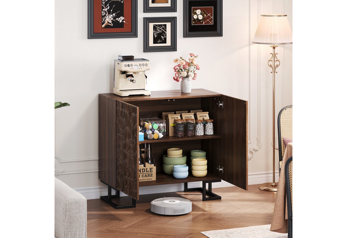 STILVORA Sideboard 120×40×78.5cm Beistellschrank Buffetschrank mit Metallbeine (Sideboard Kommode 80x40x78 cm – "Blattpoesie" Dunkle Walnussoptik mit Blattrelief, Push-to-Open Türen) von STILVORA