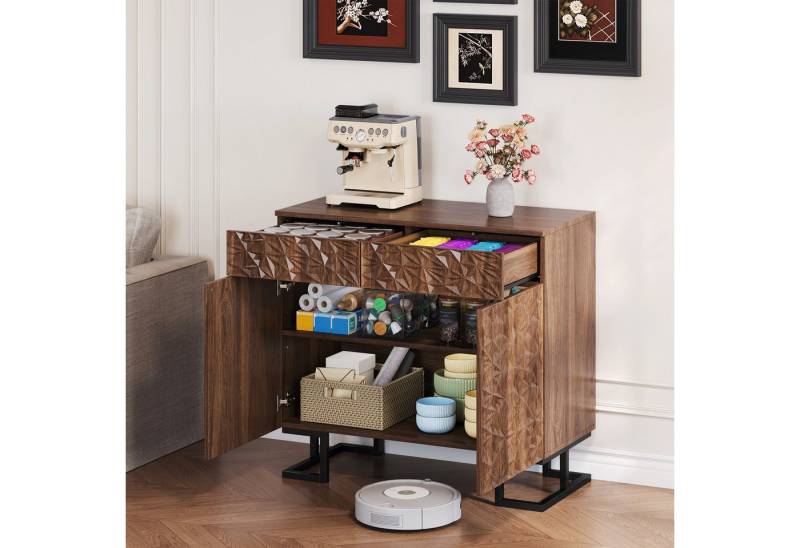 STILVORA Sideboard 80×40×78cm Beistellschrank Buffetschrank Kommode mit Metallbeine (Sideboard 80x40x78 cm – "Blattpoesie" Serie, Dunkle Walnussoptik mit Blätterrelief) von STILVORA