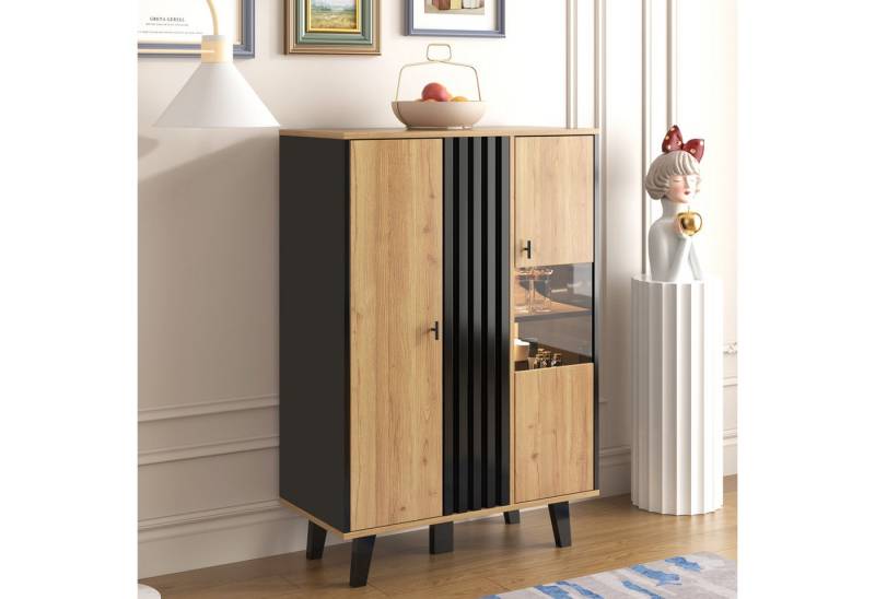 STILVORA Sideboard Beistellschränke mit Glas&LED,Vitrinen mit Laminate,Schwarz+Holzfarbe (1 St), mit 8 Fächer inkl. LED, Vitrine mit Glastür von STILVORA