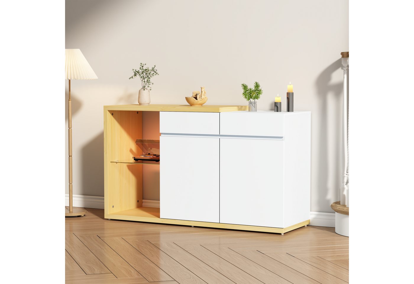 STILVORA Sideboard Beistellschrank mit 2 Schubkästen& Türen,Buffetschrank mit LED (Kommode, Anrichte, Wohnzimmerschrank, Eckschranke, 1 St., 2 Türen, 2 Schubladen, 2 offene Fächer), mit LED-Beleuchtung von STILVORA