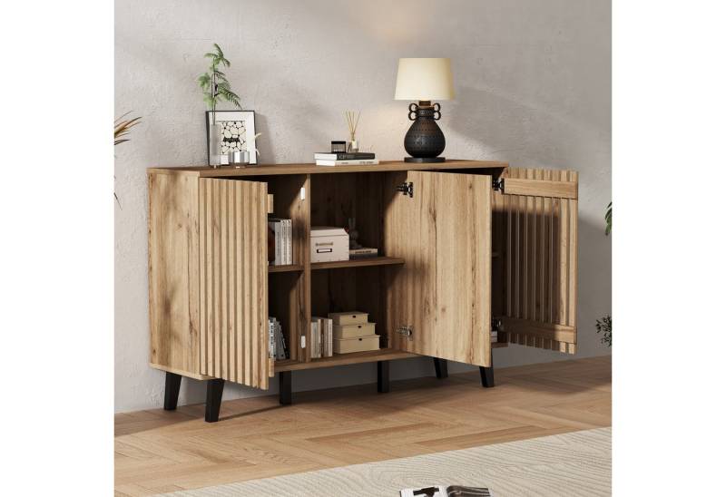 STILVORA Sideboard Beistellschrank mit 3 Türen&6 Ablagefächer,Seitenschrank aus PB,Natur (Kommode, Organisator, Buffetschrank, 1 St., Geeignet für Wohnzimmer), 6 unterteilte Ablagefächer von STILVORA
