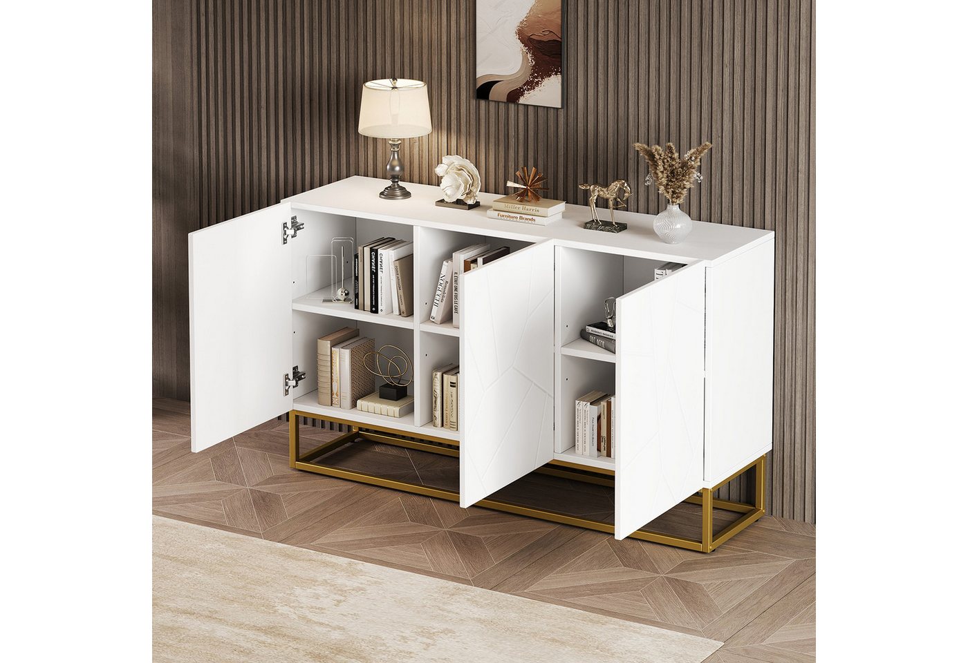 STILVORA Sideboard Beistellschrank mit 4 Fächern,Hochglanz-Anrichte mit Bodenschoner (Anrichte, Buffetschrank, Kommode, 1 St., Vielseitiger Stauraum), Einfacher Aufbau von STILVORA