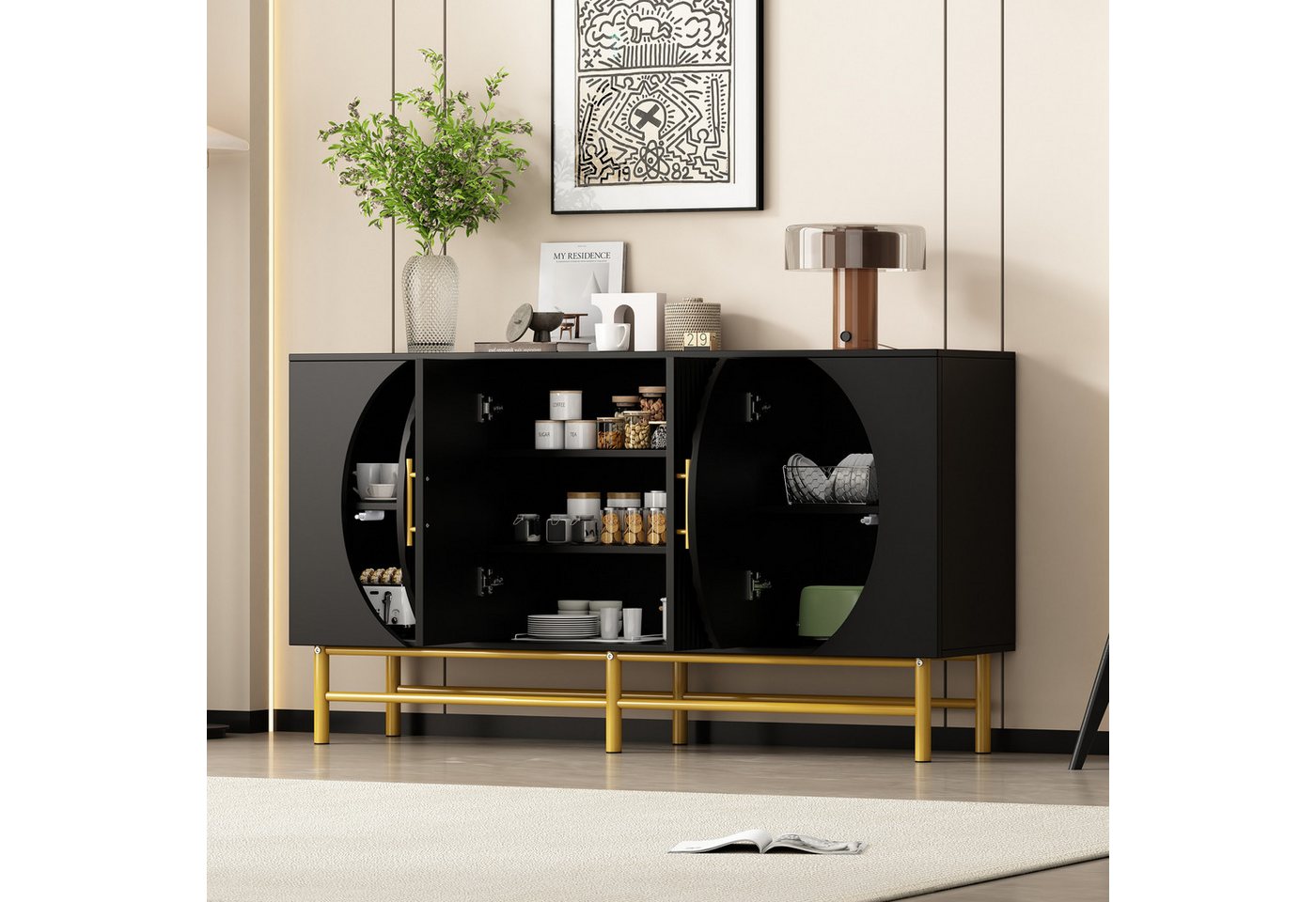 STILVORA Sideboard Beistellschrank mit Verstellbares Regal,4-Türen-Buffetschrank (Modernes Vier-Türen-Sideboard mit vertikalen Streifen und verstellbaren Ablageplatten – elegante Aufbewahrungslösung mit goldenen Akzenten) von STILVORA