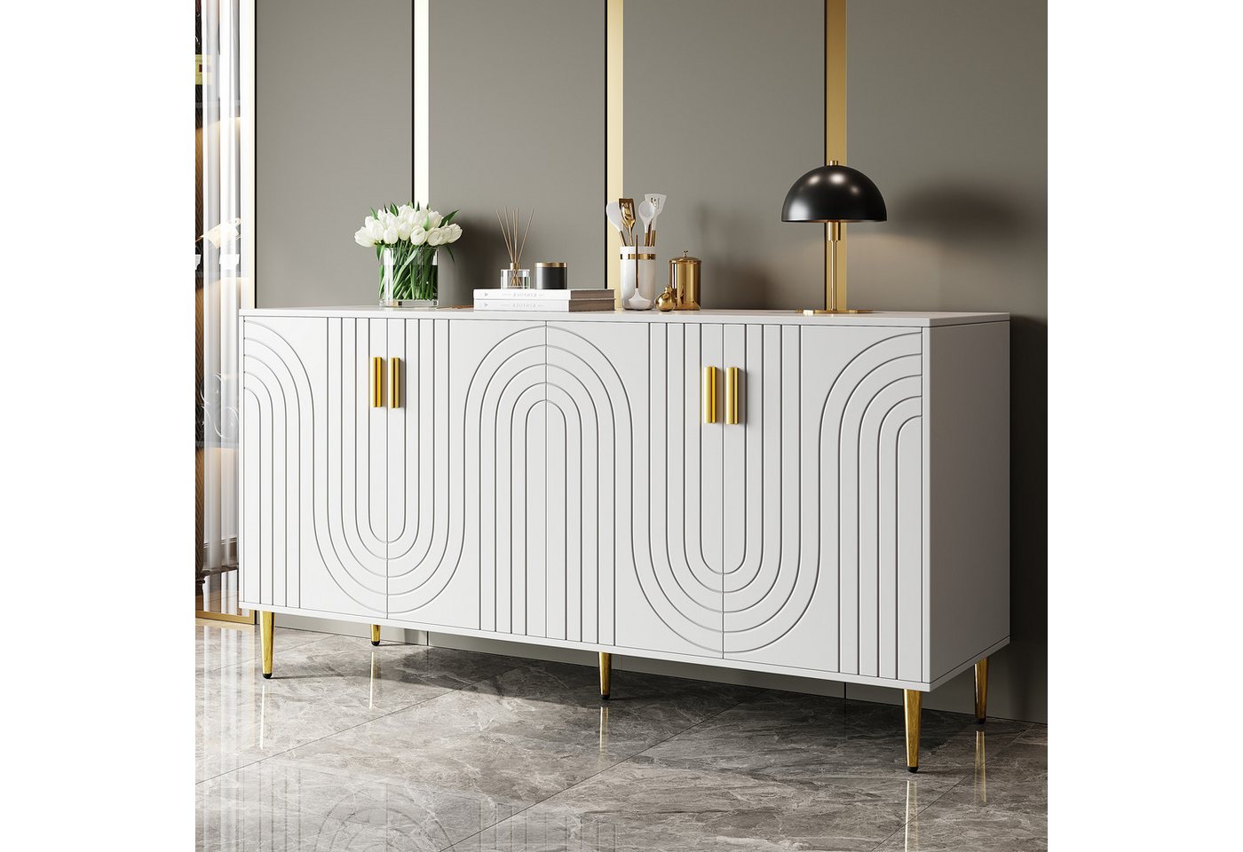 STILVORA Sideboard Buffetschrank in Wellendesign,Schrank Beistellschrank mit Stauraum (Anrichte, Kommode mit viel Stauraum und Metallgriffe, 1 St., mit 4 Türen), mit einzigartigem Wellendesign, goldenen Griffen und Füßen von STILVORA