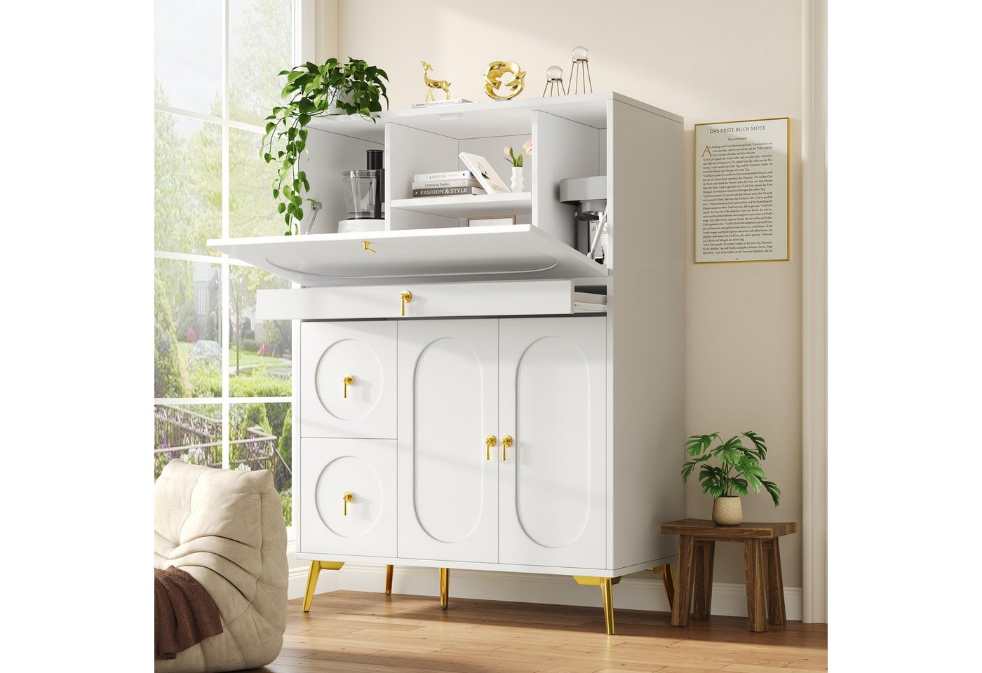 STILVORA Sideboard Buffetschrank mit Falttüren,Vorratsschrank Sideboard mit Schubladen (100 x 50 x 140 cm (L x B x H), mit Falttüren von STILVORA