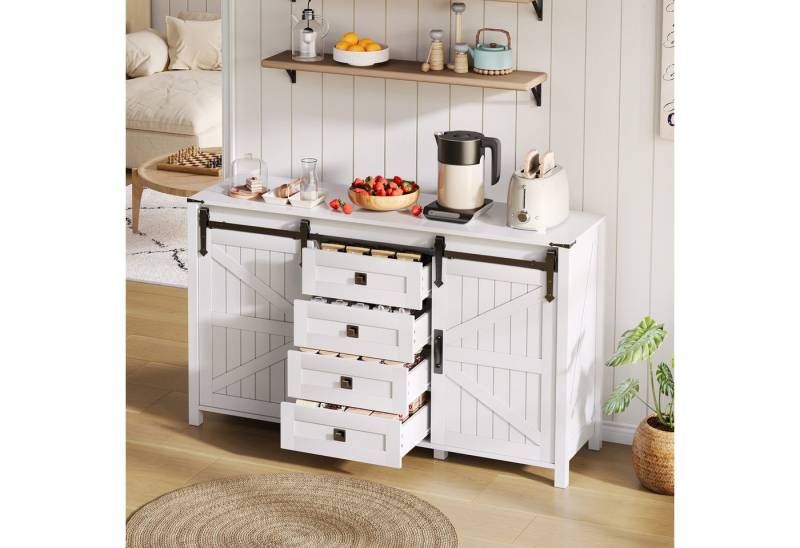 STILVORA Sideboard Buffetschrank mit Schiebetüren&4 Schubladen,Kommode Küchenschrank MDF (Vintage Sideboard mit Schiebetüren & 4 Schubladen – 137 cm, Weiß, Robustes MDF, Geräuscharme Schubladen, Stabil mit Kippschutz, Multifunktional für Küche, Esszimmer, Wohnzimmer), mit Schiebetüren und 4 Schubladen von STILVORA