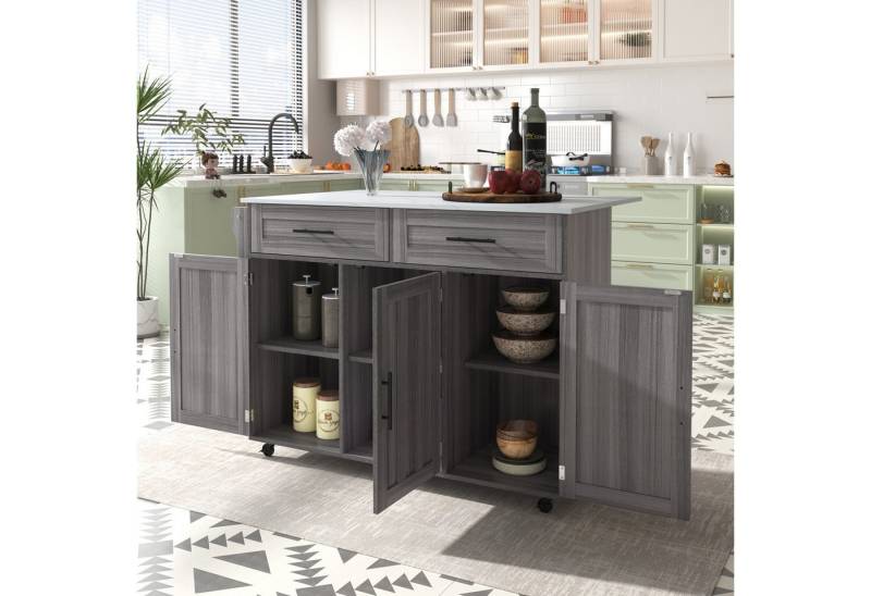 STILVORA Sideboard Esswagen Kücheninsel mit Klapptischplatte,Schubladen,Ablagetür&Rollen (Kücheninsel, Servierwagen, Küchenschrank, 1 St., 5 Räder, 3 Tür), mit Ausziehbare Arbeitsplatte,Massivholzbeine umschaltbar von STILVORA