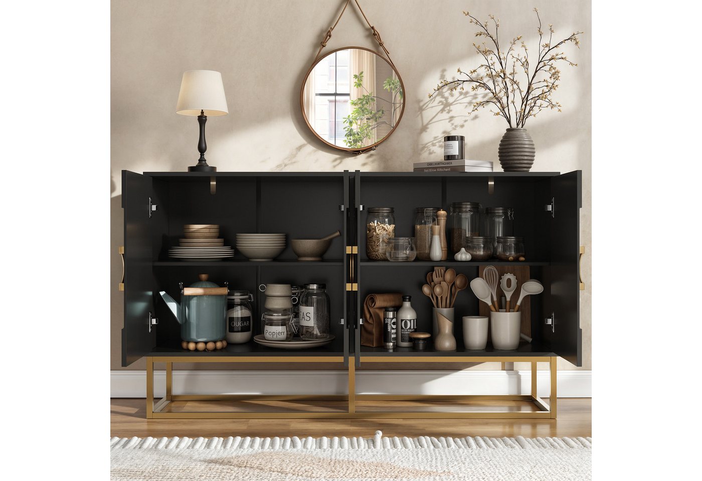 STILVORA Sideboard Esszimmer-Wohnzimmer,Buffetschrank mit Stauraum,Schwarz (Esszimmerschrank– Sideboard mit Rundzugring-Tür, Kippsicheres Design, Luxuriöse MDF-Oberfläche, Viel Stauraum., 140x40x83 cm) von STILVORA