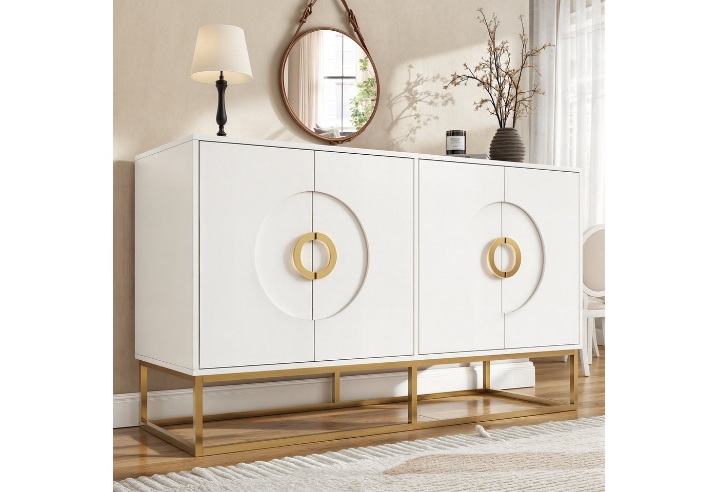 STILVORA Sideboard Esszimmer-Wohnzimmer,Buffetschrank mit Stauraum,weiß (Esszimmerschrank– Sideboard mit Rundzugring-Tür, Kippsicheres Design, Luxuriöse MDF-Oberfläche, Viel Stauraum., 140x40x83 cm) von STILVORA