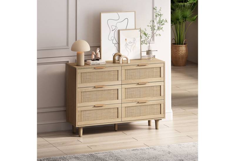 STILVORA Sideboard Kommode mit 6 Schubladen,Aufbewahrungsschrank in Rattan,PB,Naturfarbe (ideal für Schlafzimmer und Wohnzimmer, modernes Design) von STILVORA